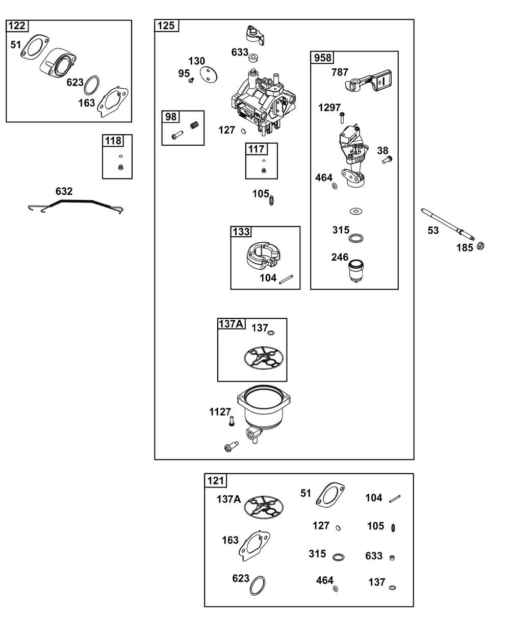 Carburetor Group Diagram and Parts List for 19L236-0143-F1 100000 - 19Z999 Briggs and Stratton Engine